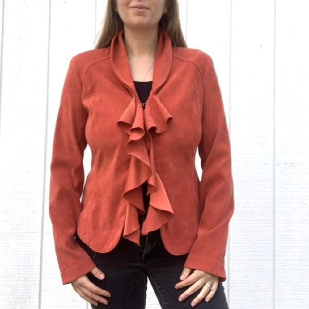 NWT CATO Woman Jacket Women’s 22W Orange Ruffle Front Velvety Faux‎ Suede Blazer